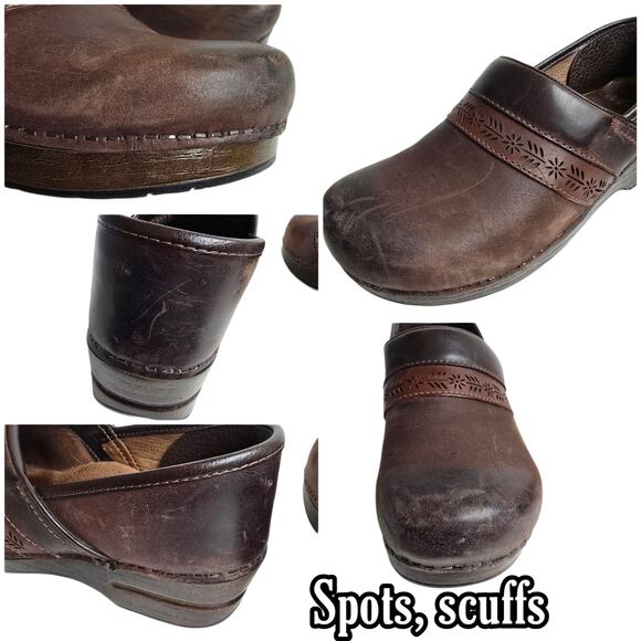 Brown Clogs Dansko Penny Size EU40 US 9.5-10 Burnish Nubuck Leather Floral Leaf - Picture 9 of 14
